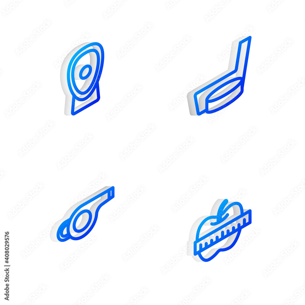 Set Isometric line Ice hockey stick and puck, Boxing training paws, Whistle and Apple measuring tape icon. Vector. Set Isometric line Ice hockey stick and puck, Boxing training paws, Whistle and Apple measuring tape icon. Vector.