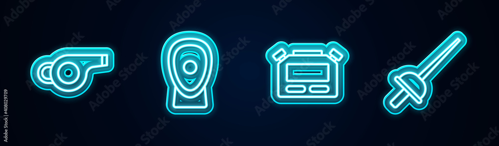 Set line Whistle, Boxing training paws, Stopwatch and Fencing. Glowing neon icon. Vector. Set line Whistle, Boxing training paws, Stopwatch and Fencing. Glowing neon icon. Vector.