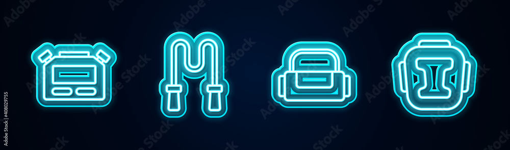 Set line Stopwatch, Jump rope, Sport bag and Boxing helmet. Glowing neon icon. Vector. Set line Stopwatch, Jump rope, Sport bag and Boxing helmet. Glowing neon icon. Vector.