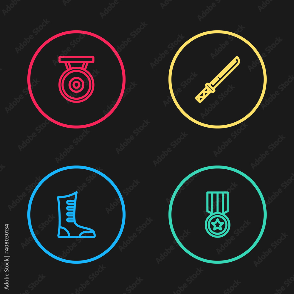 Set line Sport boxing shoes, Medal, Japanese katana and Gong icon. Vector. Set line Sport boxing shoes, Medal, Japanese katana and Gong icon. Vector.