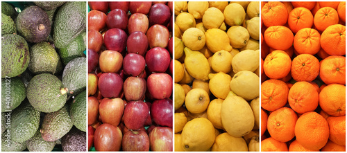 Citrus fruits  lemon and mandarins  with avocado and apple - fruit as background. Healthy eating concept