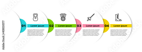 Set line Kettlebell, Medal, Fencing and Sport boxing shoes. Business infographic template. Vector.