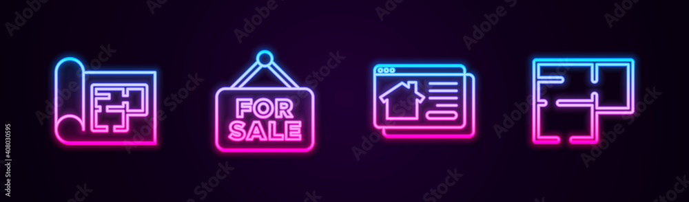 Set line House plan, Hanging sign with For Sale, Online real estate house and . Glowing neon icon. Vector. Set line House plan, Hanging sign with For Sale, Online real estate house and . Glowing neon icon. Vector.