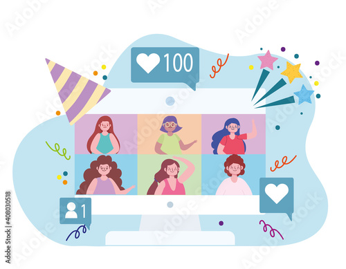 virtual party, meetup, video conference, stay home celebration party