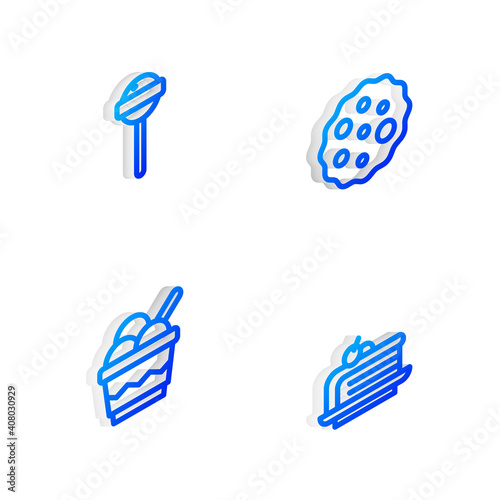 Set Isometric line Cookie or biscuit  Lollipop  Ice cream in bowl and Piece of cake icon. Vector.