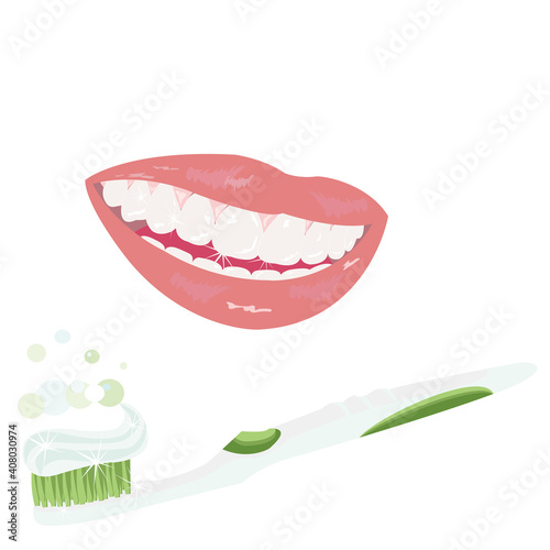 A smiling  woman's mouth image See teeth that look healthy With A toothbrush with toothpaste on top on white background .Vector illustration flat design. Idea for dental clinic or cosmetic web.