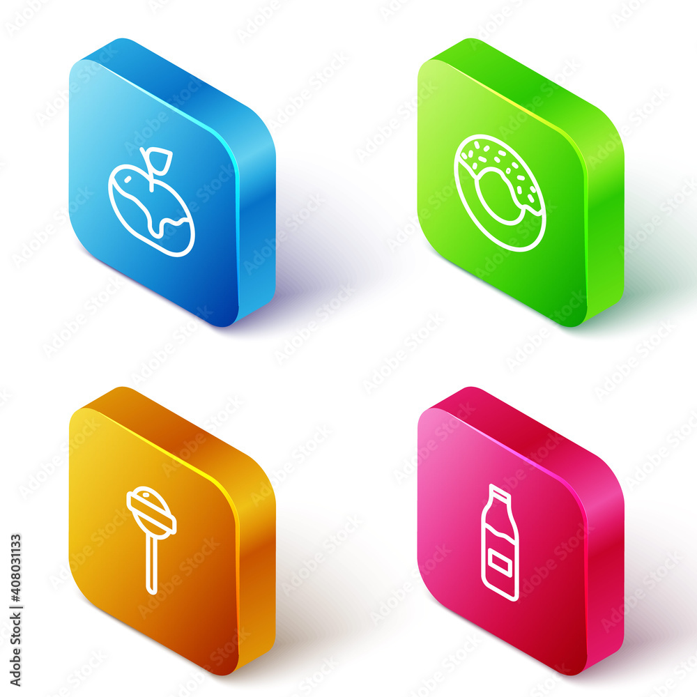 Set Isometric line Apple in caramel, Donut, Lollipop and Bottle with milk icon. Vector. Set Isometric line Apple in caramel, Donut, Lollipop and Bottle with milk icon. Vector.