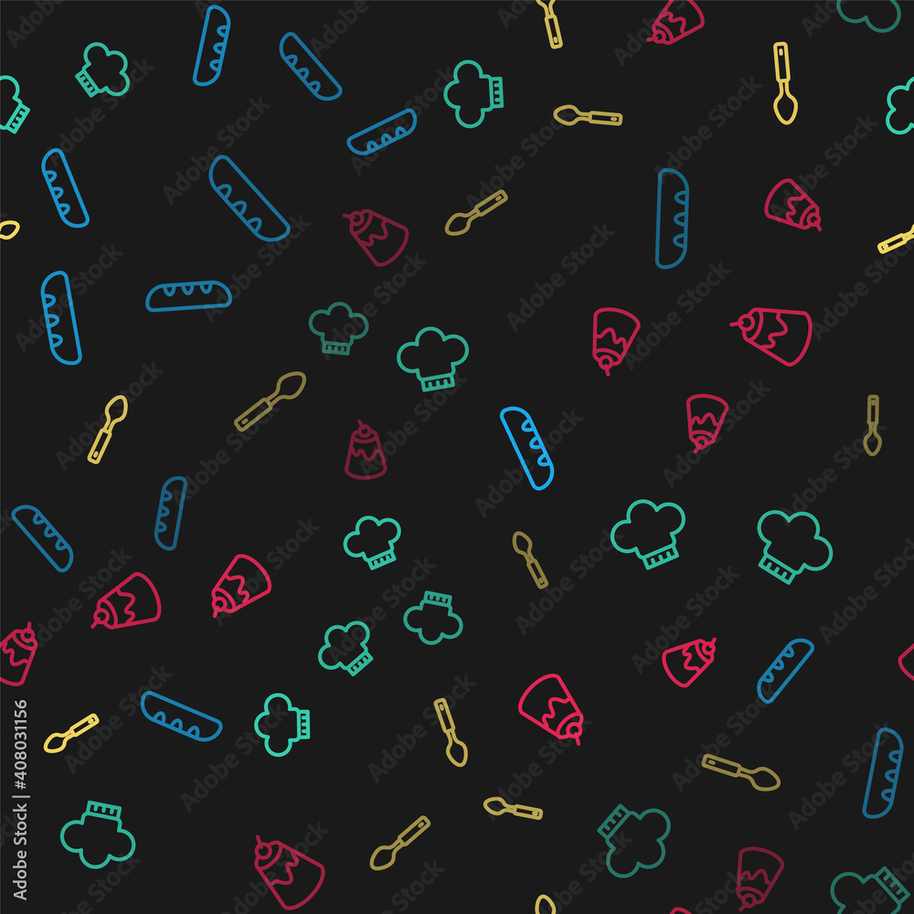 Set line French baguette bread, Chef hat, Spoon and Pudding custard on seamless pattern. Vector. Set line French baguette bread, Chef hat, Spoon and Pudding custard on seamless pattern. Vector.