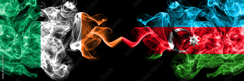 Republic of Ireland, Irish vs Azerbaijan, Azerbaijani smoky mystic flags placed side by side. Thick colored silky abstract smoke flags. Republic of Ireland, Irish vs Azerbaijan, Azerbaijani smoky mystic flags placed side by side. Thick colored silky abstract smoke flags.