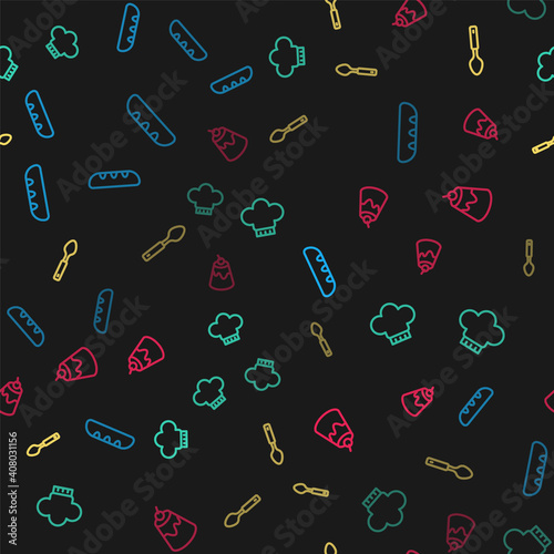 Set line French baguette bread, Chef hat, Spoon and Pudding custard on seamless pattern. Vector.