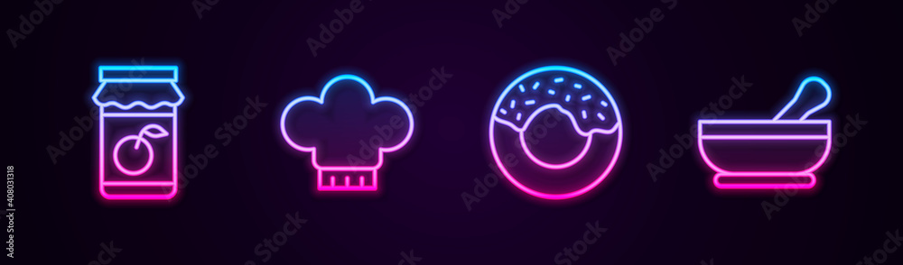 Set line Jam jar, Chef hat, Donut and Mortar and pestle. Glowing neon icon. Vector. Set line Jam jar, Chef hat, Donut and Mortar and pestle. Glowing neon icon. Vector.