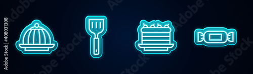 Set line Pudding custard, Spatula, Cake and Candy. Glowing neon icon. Vector.