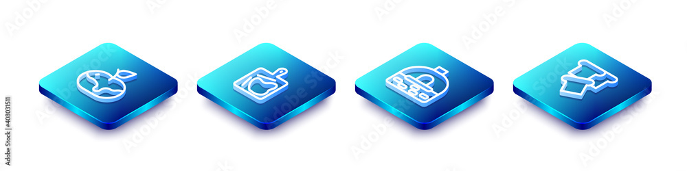 Set Isometric line Apple in caramel, Cutting board, Brick stove and Bread toast icon. Vector. Set Isometric line Apple in caramel, Cutting board, Brick stove and Bread toast icon. Vector.