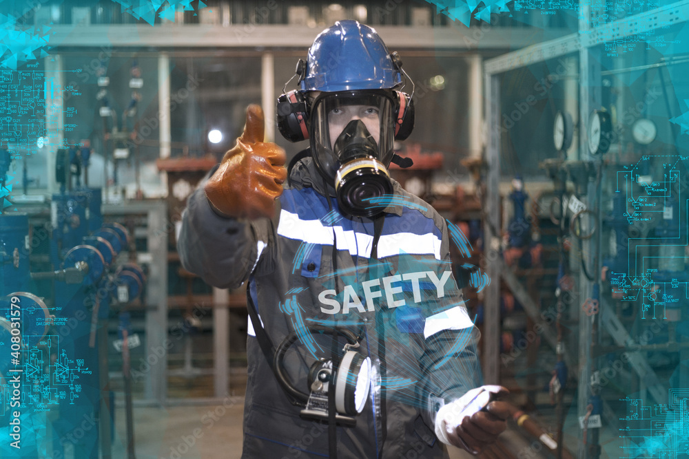 Industrial Safety. Means of protection against harmful substances, control of the gas pollution of oil and gas equipment, the operator in a gas mask measures hazardous substances, tinting dark blue