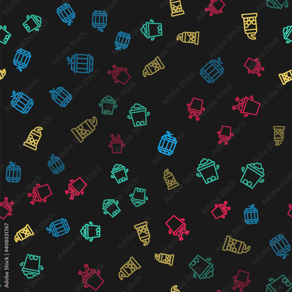 Set line Wooden barrel on rack, Ice bucket, Bottle opener and Beer bottles in ice on seamless pattern. Vector. Set line Wooden barrel on rack, Ice bucket, Bottle opener and Beer bottles in ice on seamless pattern. Vector.
