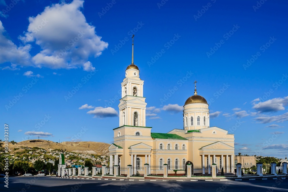 Trinity Cathedral at sunset of the September day. The city of Volsk, Saratov region, Russia.