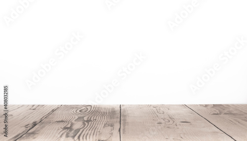Fototapeta Naklejka Na Ścianę i Meble -  Arrière-plan blanc avec support de bois pour présentation d'objets publicitaires pour promotion de produits. Aspect sol en bois, fond blanc uni.