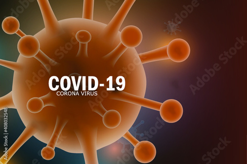 Image of Flu COVID-19 virus cell under the microscope on the blood.Coronavirus Covid-19 influenza banner background.Pandemic medical health crisis disease cell as a 3D render.Social distancing at home