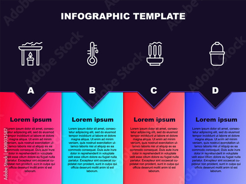 Set line Aroma candle, Sauna thermometer, Incense sticks and bucket. Business infographic template. Vector.