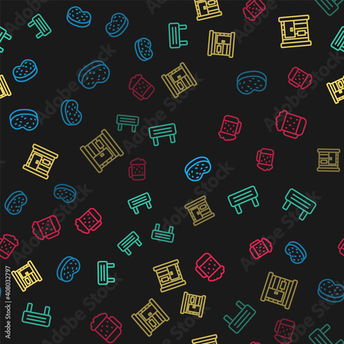 Set line Bath sponge, Sauna wood bench, wooden bathhouse and Wooden beer mug on seamless pattern. Vector.