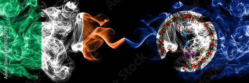 Republic of Ireland, Irish vs United States of America, America, US, USA, American, Virginia smoky mystic flags placed side by side. Thick colored silky abstract smoke flags.