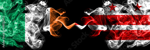 Republic of Ireland, Irish vs United States of America, America, US, USA, American, Washington D.C smoky mystic flags placed side by side. Thick colored silky abstract smoke flags.