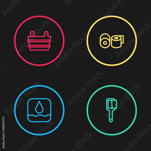 Set line Water drop, Sauna brush, Toilet paper roll and bucket icon. Vector.