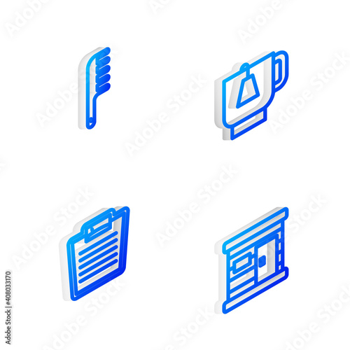 Set Isometric line Cup of tea with tea bag, Hairbrush, Bathroom scales and Sauna wooden bathhouse icon. Vector.