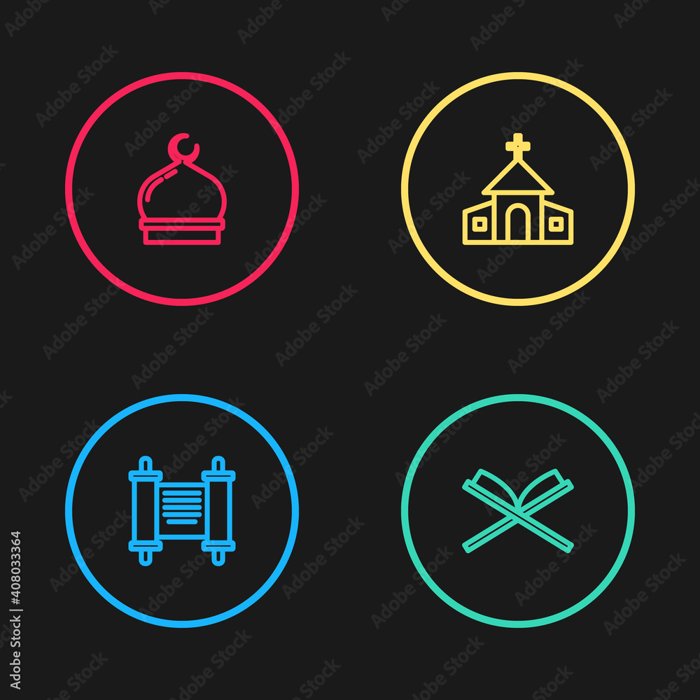 Set line Decree, paper, parchment, scroll, Holy book of Koran, Church building and Muslim Mosque icon. Vector. Set line Decree, paper, parchment, scroll, Holy book of Koran, Church building and Muslim Mosque icon. Vector.