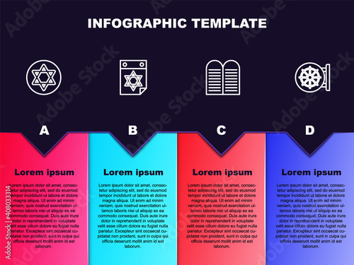 Set line Star of David, Jewish calendar, The commandments and Dharma wheel. Business infographic template. Vector.