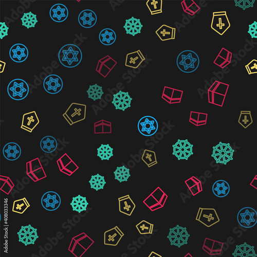 Set line Star of David, Dharma wheel, Pope hat and Kaaba mosque on seamless pattern. Vector.