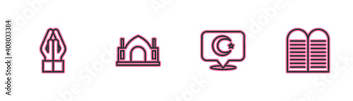 Set line Hands in praying position, Star crescent, Hindu spiritual temple and The commandments icon. Vector.