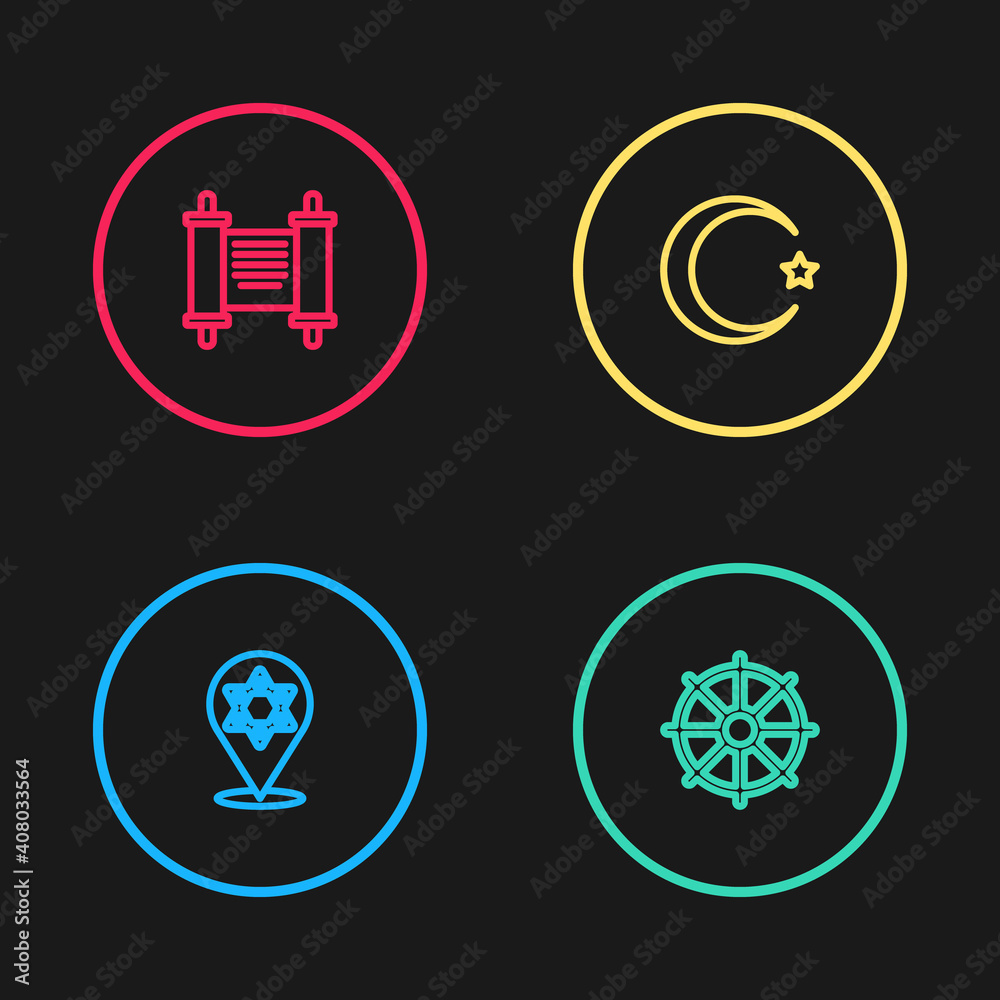 Set line Star of David, Dharma wheel, and crescent and Decree, paper, parchment, scroll icon. Vector. Set line Star of David, Dharma wheel, and crescent and Decree, paper, parchment, scroll icon. Vector.