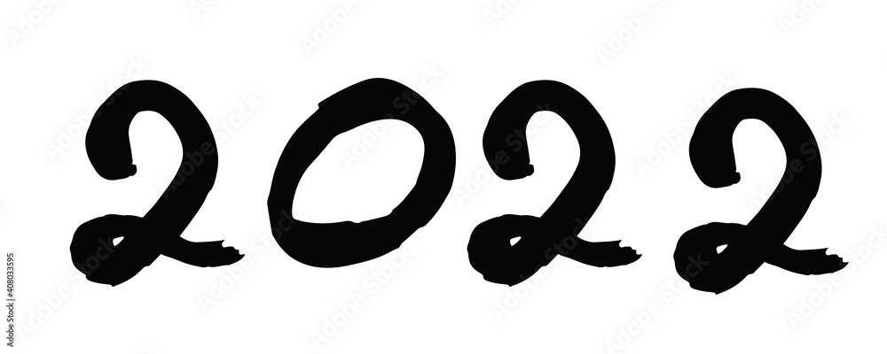 2022 hand writing ink for new year. Happy new year of the Tiger. Calligraphic numbers on a white background for the design of New Year cards. Lunar new year 2022.