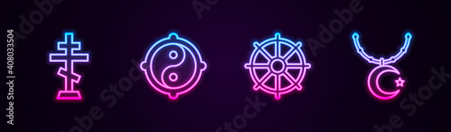 Set line Christian cross, Yin Yang, Dharma wheel and Star and crescent on chain. Glowing neon icon. Vector.