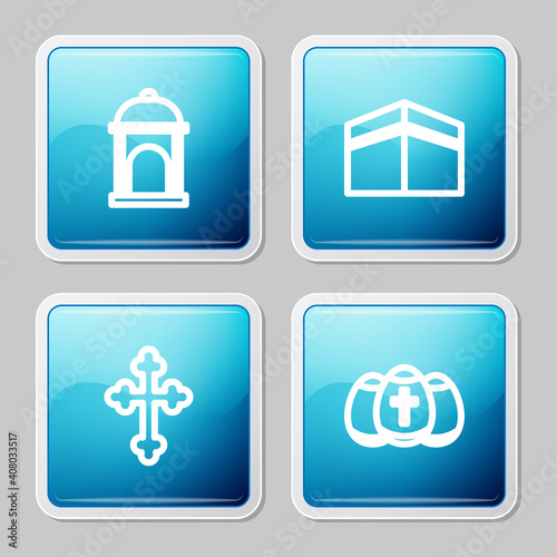Set line Muslim Mosque, Kaaba mosque, Christian cross and Easter egg icon. Vector.