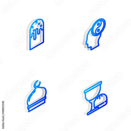 Set Isometric line Yin Yang  Easter cake  Muslim Mosque and Holy grail or chalice icon. Vector.