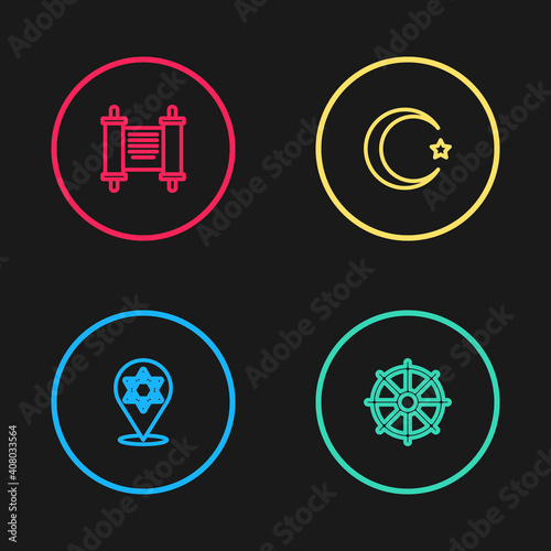 Set line Star of David, Dharma wheel, and crescent and Decree, paper, parchment, scroll icon. Vector.