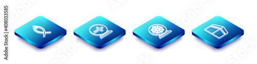 Set Isometric line Christian fish, cross, Dharma wheel and Kaaba mosque icon. Vector.