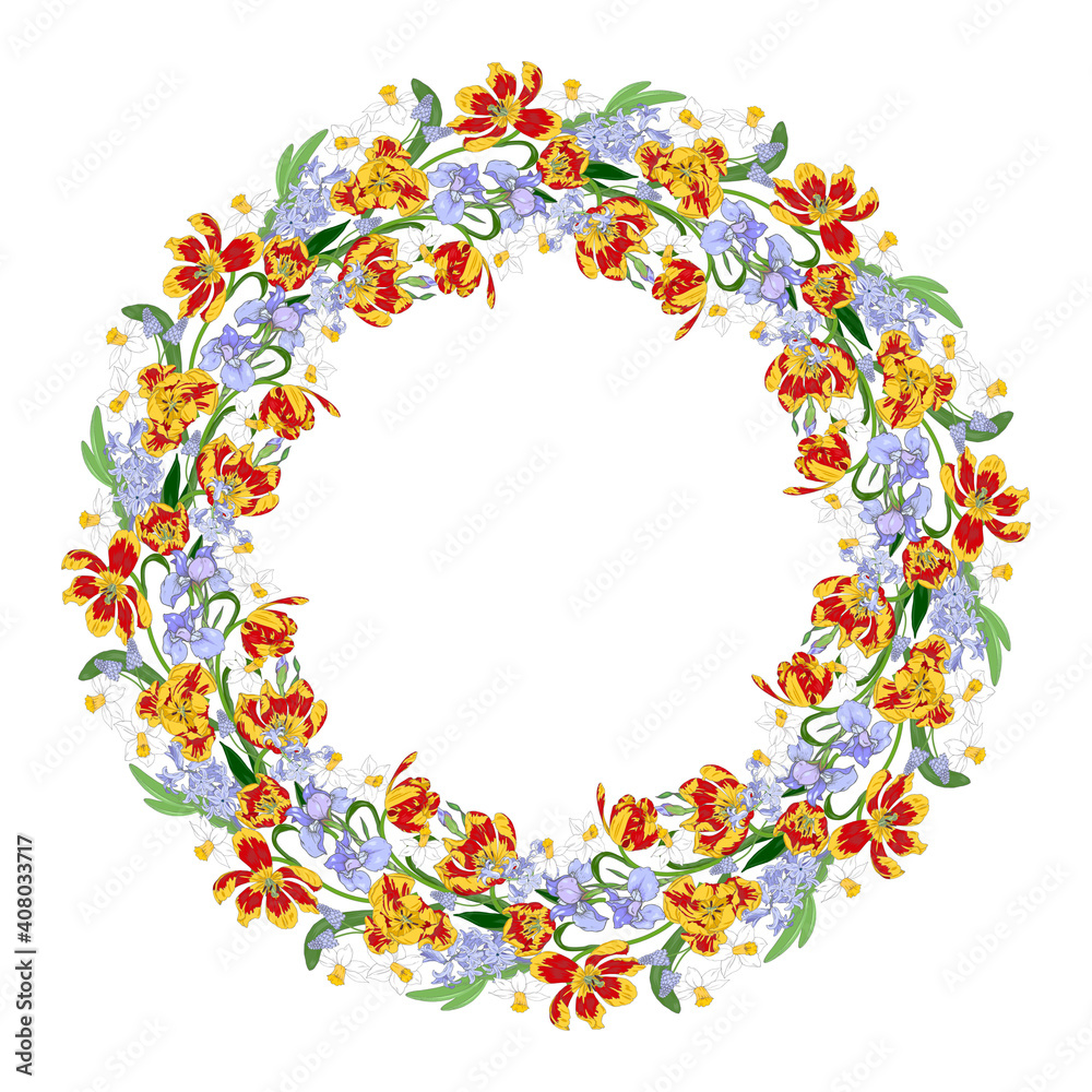 Obraz premium round frame of tulips and irises, daffodils and hyacinths