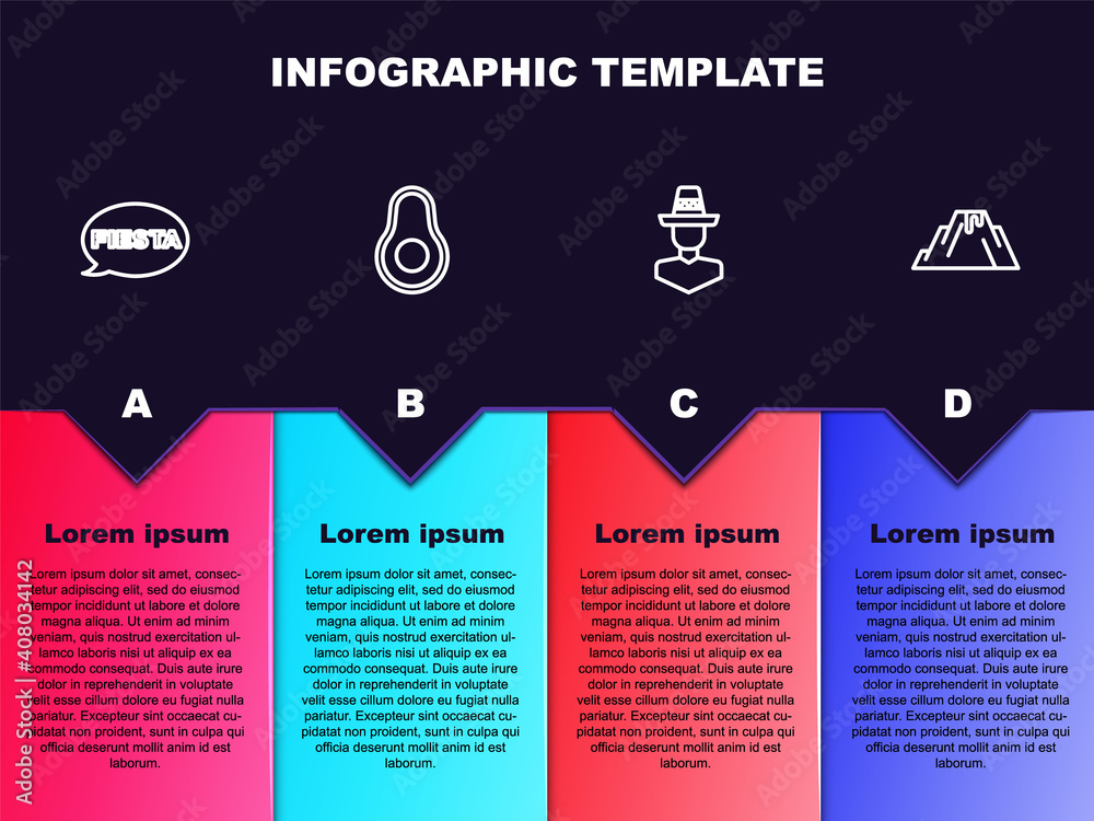 Set line Fiesta, Avocado fruit, Mexican man sombrero and Volcano eruption with lava. Business infographic template. Vector. Set line Fiesta, Avocado fruit, Mexican man sombrero and Volcano eruption with lava. Business infographic template. Vector.