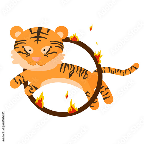 A cute tiger jumps over a burning ring. Circus concept isolated on white background.
