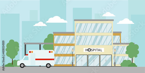hospital building in flat style. There are trees and an ambulance around the hospital. Medea banner concept