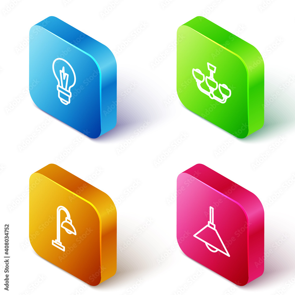 Set Isometric line Light bulb, Chandelier, Floor lamp and Lamp hanging icon. Vector. Set Isometric line Light bulb, Chandelier, Floor lamp and Lamp hanging icon. Vector.