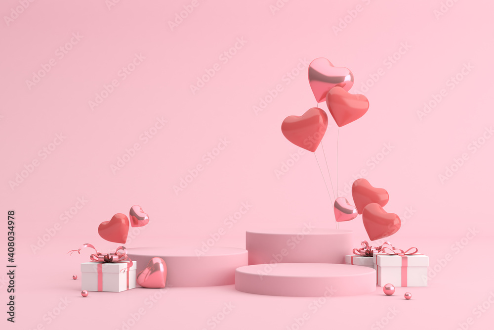 Mock up podium of gift box with balloons in heart shape. 3d rendering ...