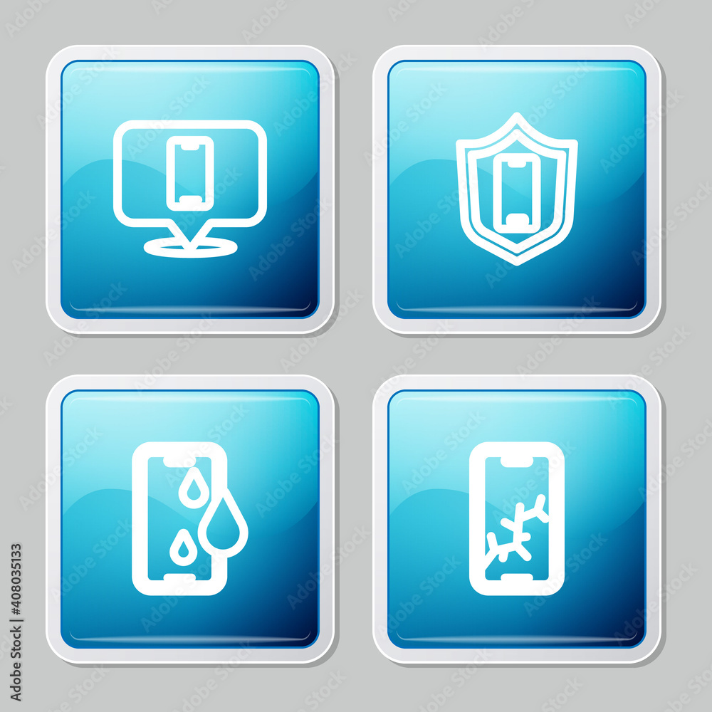 Set line Phone repair service, Mobile with shield, Waterproof phone and broken screen icon. Vector. Set line Phone repair service, Mobile with shield, Waterproof phone and broken screen icon. Vector.