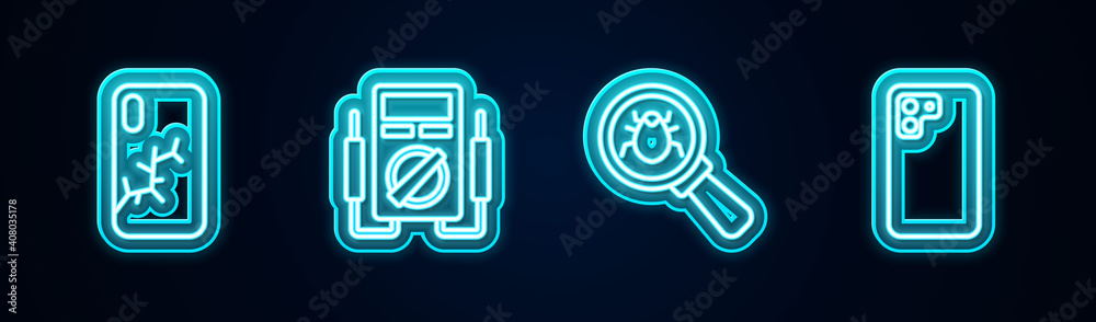 Set line Mobile with broken screen, Multimeter, System bug and Smartphone. Glowing neon icon. Vector. Set line Mobile with broken screen, Multimeter, System bug and Smartphone. Glowing neon icon. Vector.