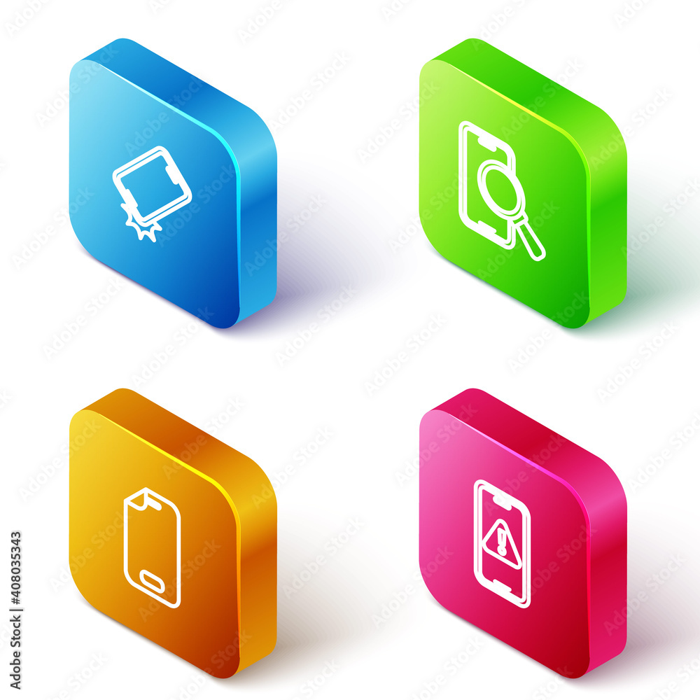 Set Isometric line Shockproof phone, Phone repair service, Glass screen protector and Mobile with exclamation mark icon. Vector. Set Isometric line Shockproof phone, Phone repair service, Glass screen protector and Mobile with exclamation mark icon. Vector.