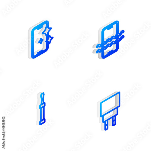 Set Isometric line Waterproof phone, Glass screen protector, Screwdriver and Charger icon. Vector. © vector_v