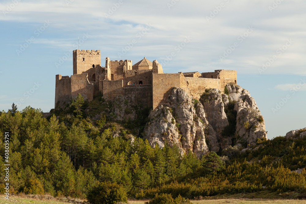 Close-up exterior view of the medieval Castle of Loarre, Aragonese castle from the 11th and 12th century, Romanesque architectural style, Huesca province, Aragon, Spain, Europe.